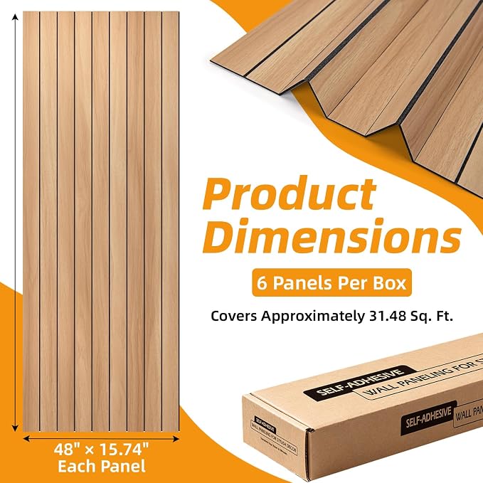 WOWSTAR 6-Pack Peel and Stick PVC Wood Slat Wall Panel，Thickened Wood Grain Wallpaper, 3D Wall Panels, 48" x15.74", Oak - Image 5