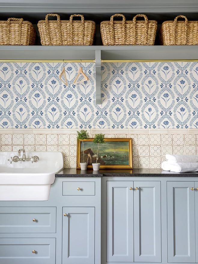 Orainege Floral Peel and Stick Wallpaper Blue Floral Contact Paper | 16.9in x196.8in Leaf Flower Wallpaper Peel and Stick Boho Self Adhesive Removable for Bedroom Bathroom Decor - Image 2