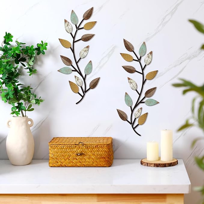 Zhengmy 2 Pcs Metal Leaf Wall Art Vine Branch Decor,Bright Colors | Olive Branch Metal Decor for Living Room Hallway, Symmetrical Leaf Pair for Doorway Entryway, Lightweight Hanging Art Design - Image 6