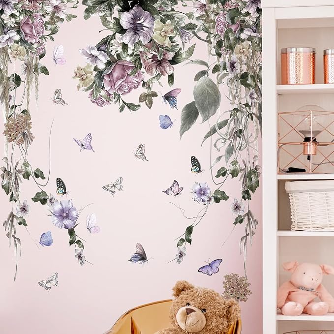 LiveGallery Purple Petunia Wall Decals Peony Flowers Stickers DIY Vinyl Peel and Stick Dark Style Art Murals for Girls Bedroom Living Room TV Sofa Backdrop Office Bathroom Wall Home - Image 4
