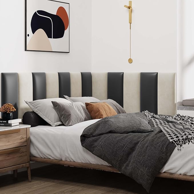 IFNOW Wall Mounted Headboard, Peel and Stick Panels, Black, King | Upholstered 3D Soundproof Acoustic Panels, Reusable and Removable, Padded Leather Bed Headboard, 12 Panels, 9.84" x 23.62" - Image 6