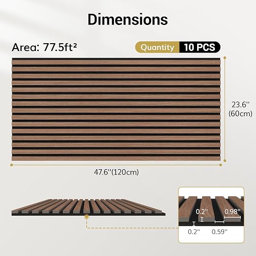 TONOR Wood Wall Panels for Interior Wall Decor-10 Pack 47.2" x 23.6" | Acoustic Wall Panels-77.5ft², Wood Slat Acoustic Panels for Noise Cancelling and Decoration, Living Room, Walnut - Image 4