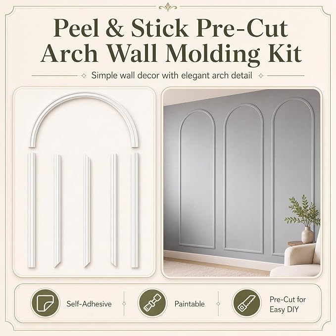 Colingmill 3 Set 32 x 78 Inch Arch Wall Molding Kit Peel Stick Arch Premade Accent Wainscoting Panel Wall Panel Decor Pre Cut Trim Kit for Home Walls Molding DIY Living Room Decor (Stylish Style) - Image 3