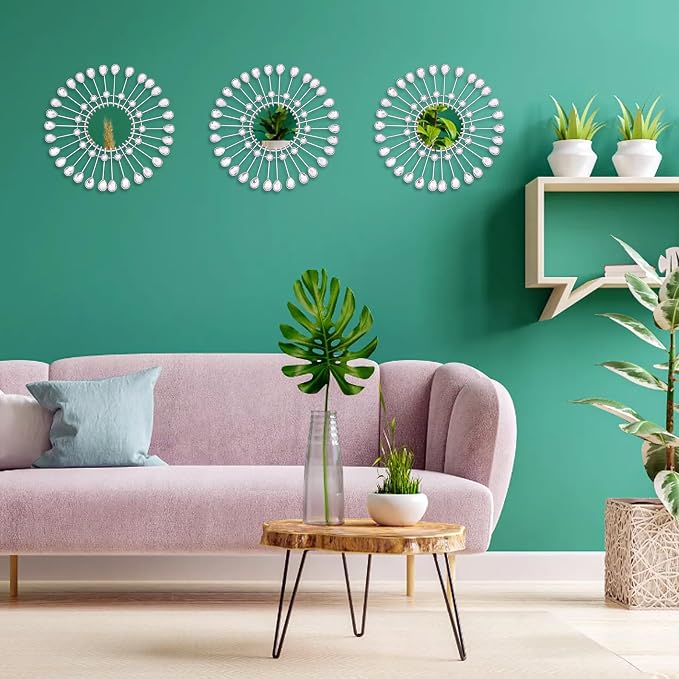 Silver Mirrors 3 Pce, 9 inchSunburst Indoor Mirror Hanging Wall Decorate - Image 4