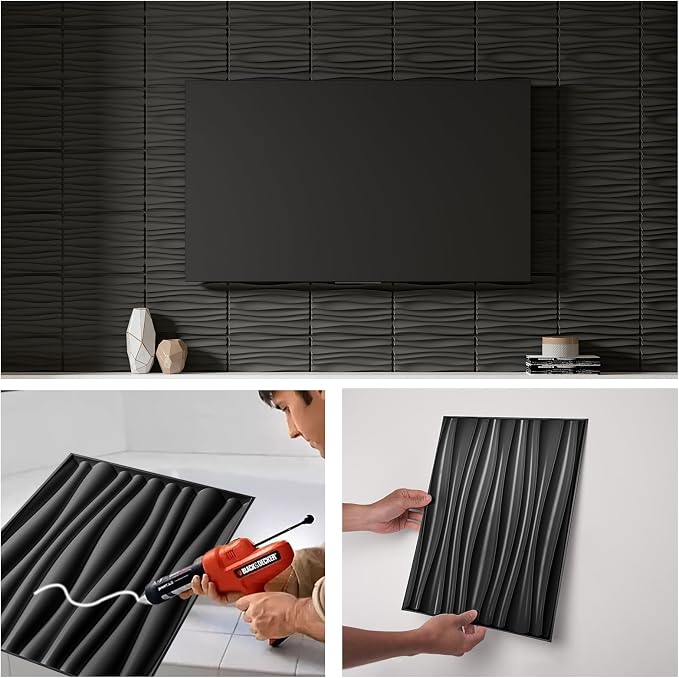 Art3d PVC Wavy Textured 3D Wall Panels, 15.7 x 11.8 Inch, 24-Pack, Black | PVC, Waterproof, Featherlight, Scratch Resistant, Perfect for Office, Living Room & Home Decor - Image 4