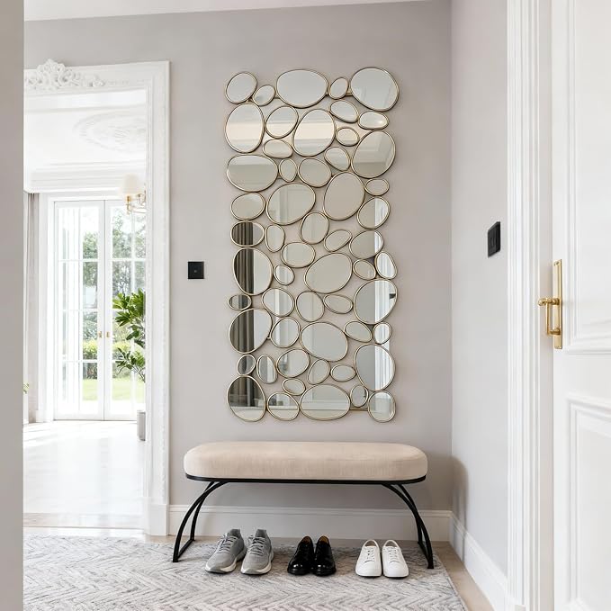 Gold Wall Mirrors Decorative - 51"x23" Large Modern Wall Mirror for Home Decor, 55 Pieces Multi-Size Pebble Design Metal Framed Accent Mirror for Entryway Bedroom Living Room Wall Art Decor - Image 6