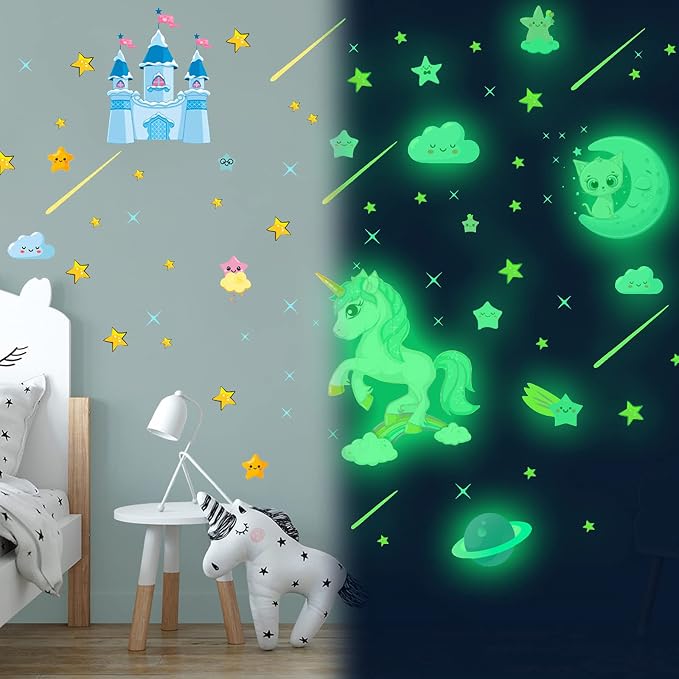 Glow in The Dark Unicorn Stickers, 206 pcs Cats and Moon Wall Decals, Glowing Castle Clouds Ceiling Decor for Kids Bedroom, Stars and Rainbow Wall Decor for Girls and Boys Gift - Image 4