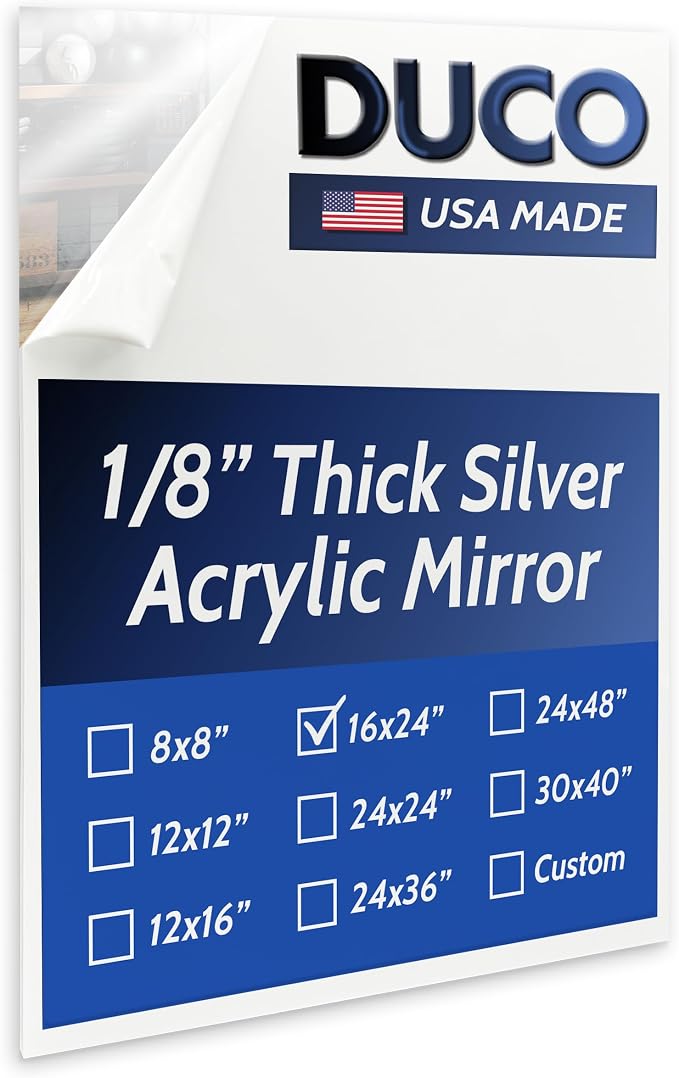 Duco USA-Made Acrylic Mirror Sheet 1/8 Inch Thick 16" x 24" (with Adhesives) - Pack of 1 Silver Frameless Plastic Mirror for Walls, Home Gyms, Bathrooms, & More - Shatter-Proof Mirrored Plexiglass by DucoPlasticsSupply