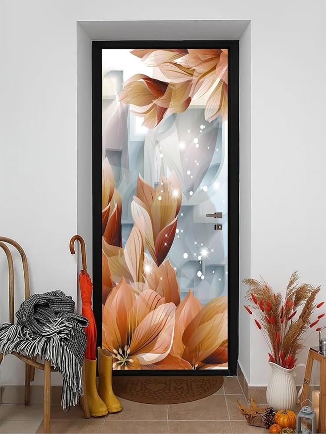 artfanke 3D Peel and Stick Door Sticker 33.5"x84.6"- Self-Adhesive Door Wallpaper Murals Decal Wall Poster Brown Flowers for Home Decor (2 Sheets/Set) - Image 4