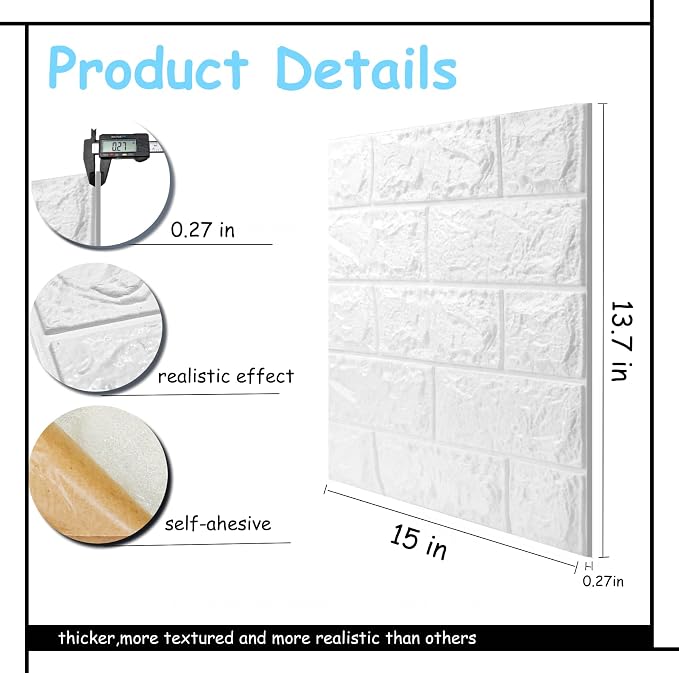 Faux Brick Wall Panels, 10 PCS, White | 3D Wall Panels Peel and Stick, XPE Foam 3D Wallpaper, Self-Adhesive Faux Stone Wall Panels for Bedroom, Stairs, Kitchen - Image 2