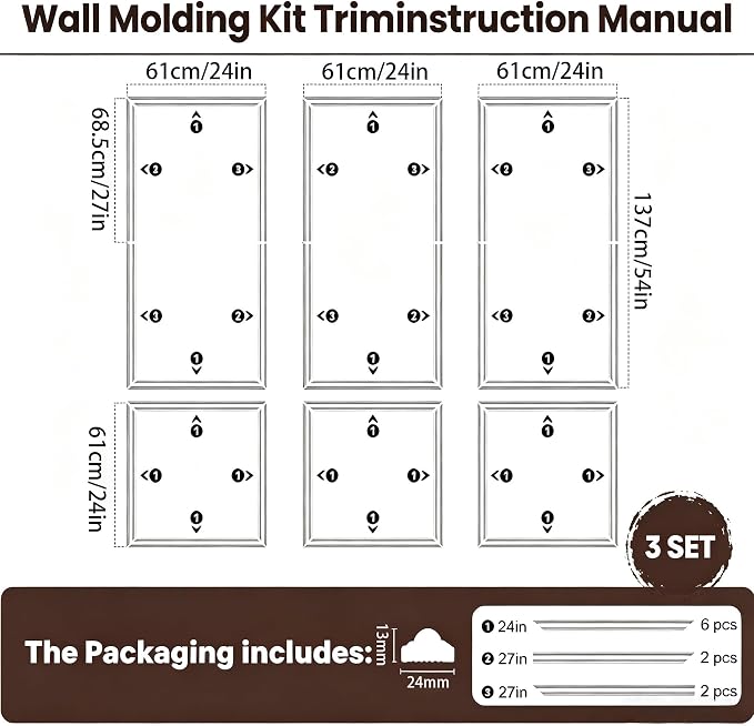 Wainscoting Panels Peel and Stick 3 Set Wall Molding Kit Premade Décor | Self Adhesive Backing, 3D Textured Surface, No Nails or Drilling, Easy DIY Assembly, for Living Room Bedroom Indoor Space - Image 2