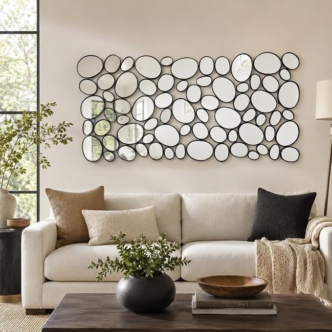 Black Mosaic Wall Mirror, 27.55" x 55" Large Pebble Geometric Decorative Mirror with 71 Irregular Mirror Pieces, Modern Accent Wall Decor for Living Room, Entryway, Bedroom, Hallway - Image 7