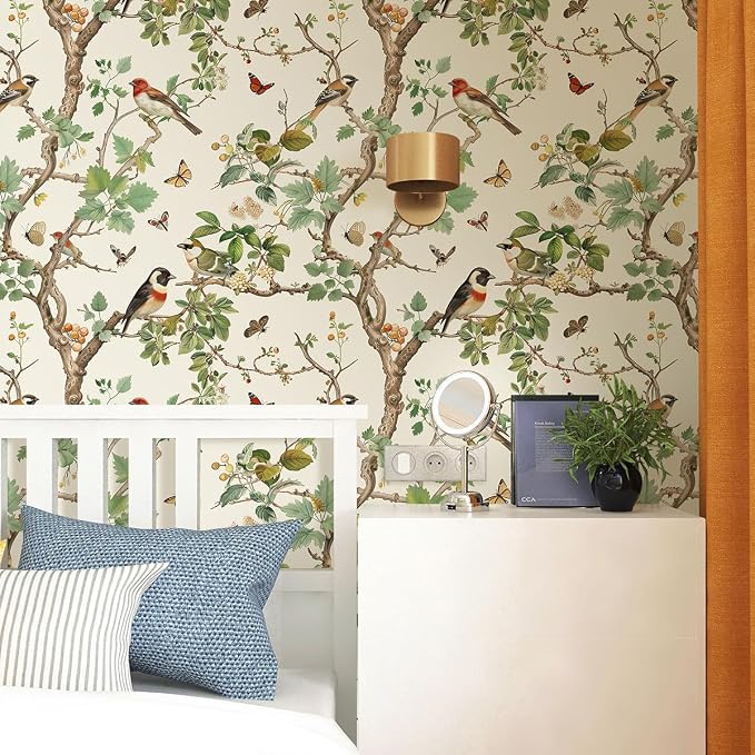 Nukofal Vintage Peel and Stick Wallpaper Bird Contact Paper 16.9inx393.7in | Floral Peel and Stick Wallpaper Floral Bird Wallpaper Boho Self Adhesive Removable Wall Paper for Bathroom Wall Decorative - Image 4