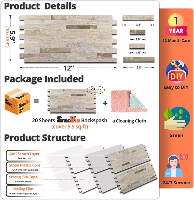 StyloVue 20 Sheets Kitchen Peel and Stick Backsplash Tiles, Beige with Metal Gold Look Stick on Backsplash for Kitchen, RV, Fireplace - Image 4