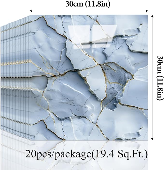 20pcs Blue Marble Peel and Stick Shower Wall Panels 11.8"x11.8" | (Total 19.4 Sq.Ft.) Faux Stone,Slate Blue,Waterproof,Backsplash Tile,Stick on Wall,for Bathroom,Bedroom,Kitchen - Image 3