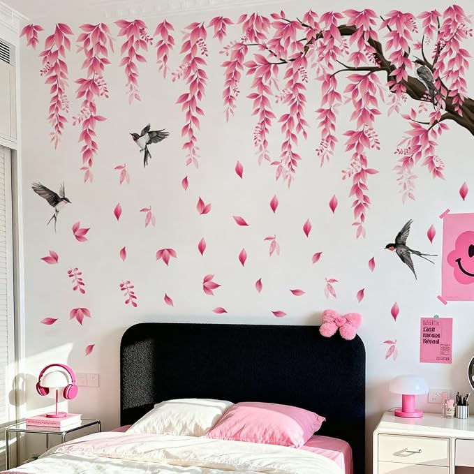 Pink Flower Tree Branch Wall Decals, Spring Pink Flower Bird Wall Stickers Peel and Stick Wall Murals for Living Room Bedroom Tv Background Wall Decor, 70.8x59 inches, 3 Sheets by Unknown