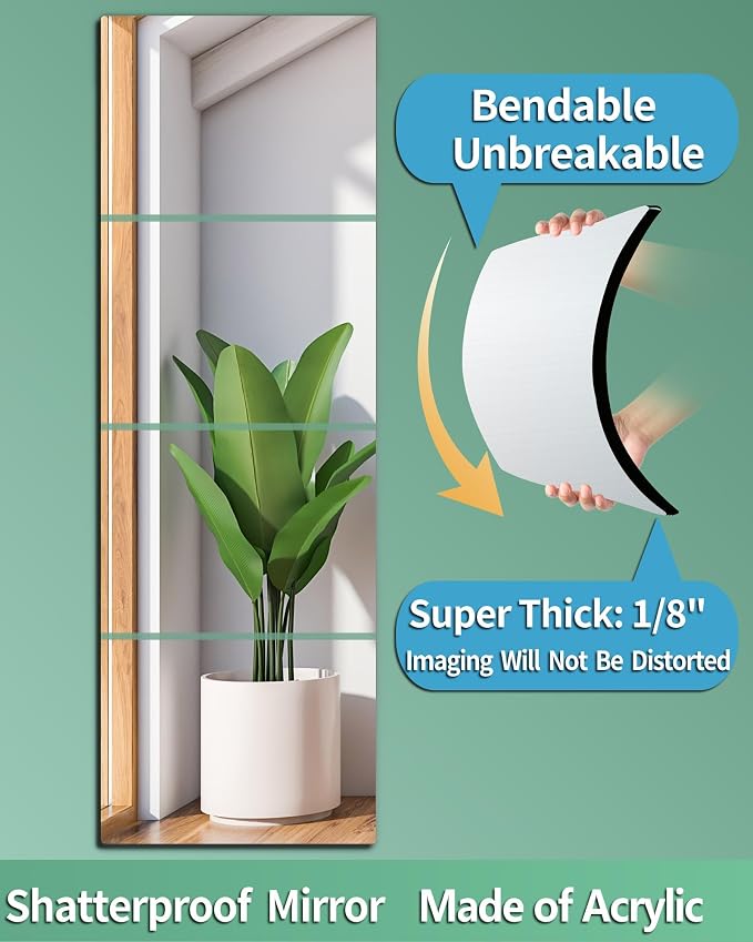 Shatterproof Wall Mirror Full Length for Bedroom, Plexiglass Gym Mirrors For Home, Extra Thick 0.12 inch, 15.8 x 15.8 inch x 4 Pcs, Workout Mirrors Safe for Kids, Long Wall Mounted, Over The Door - Image 2