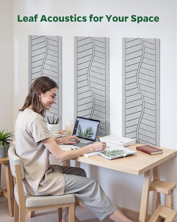 6 Pack Acoustic Panels Sound Absorbing for Home Theater Walls, Decorative Gray Self-Adhesive Leaf Textured Art Ceiling Tiles - Acoustical Treatments for Recording Studio Door 17"×12"×0.4" - Image 7