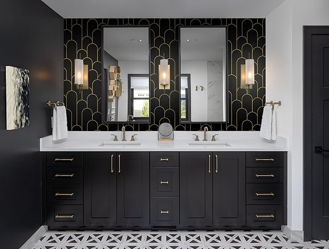 Yasinet Peel and Stick Wallpaper Black and Gold Wallpaper Modern Geometric Contact Paper for Bedroom Black Removable Self Adhesive Waterproof Wall Paper for Bathroom cabinets Vinyl 17.3”x393.7” - Image 8