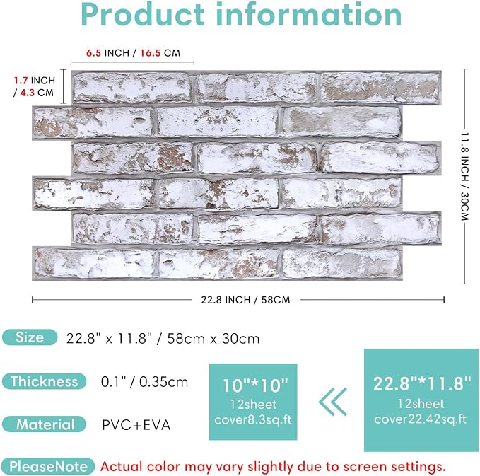 Commomy Faux Brick 3D Wall Panels - Not Real Brick 12 pcs of 22.8" x 11.8" | 22.8" x 11.8" Peel and Stick Tile Whitewash Brick Textured for Kitchen,Bedroom, Living Room（Covers 22.48 sq.ft） - Image 6