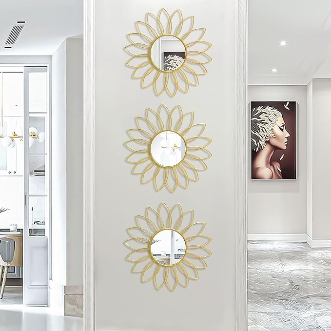 3 Pack Metal Mirrors for Wall Sunburst Wall Mirrors Home Décor Decorative Hanging Wall Art for Living Room Bedroom Entryway (Gold2, Flowers) - Image 3