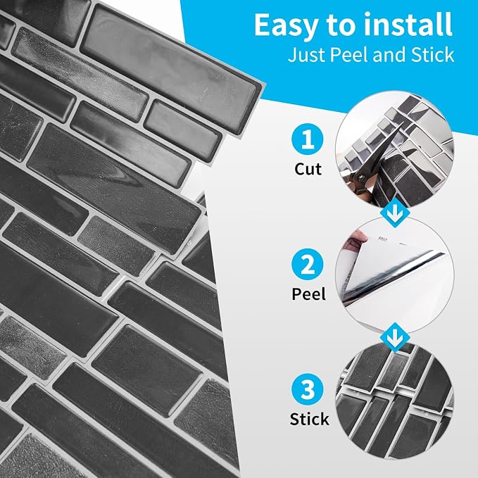 Art3d Marble Peel and Stick Backsplash, 10-Sheet, 12" x 12", Smoky Black | Lightweight, Self Adhesive, Moisture Resistant, Easy to DIY, Modern Style, for Kitchen, Bedroom, Ideal for New Home Buyers - Image 6