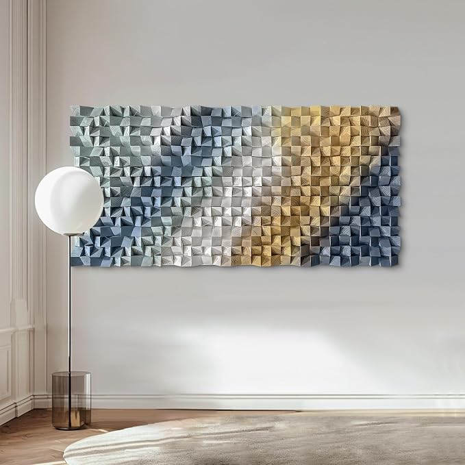 LIUZEYUE Layered Cube Relief, Large 3D Wood Wall Art, Large 3D Decor | textured wood wall art; slate blue and ivory, raised cube relief; living room tall-wall centerpiece; 27.6 x 55.1 in - Image 6
