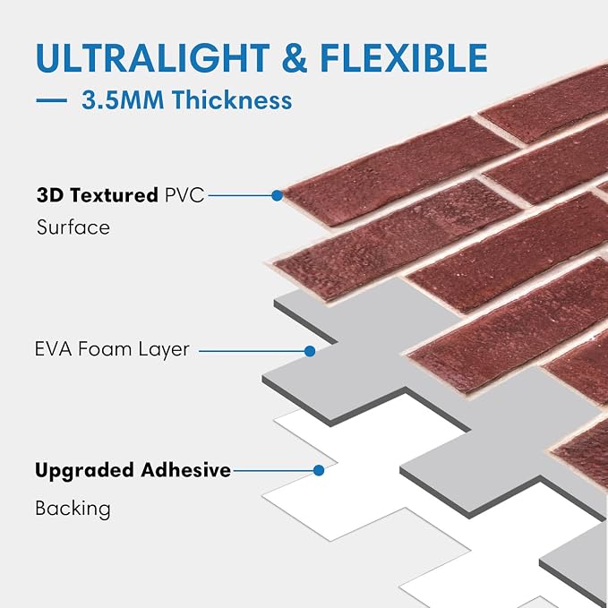 COMSTICKC 3D Peel and Stick Faux Brick Wall Panels for Quick DIY Wall Decor | Red, 10 Pcs 15.7" x 11.8", Not Real Brick, Lightweight Thin PVC Decorative Wall Sticker for Wall Makeover,Cover 12.9 sq ft - Image 4