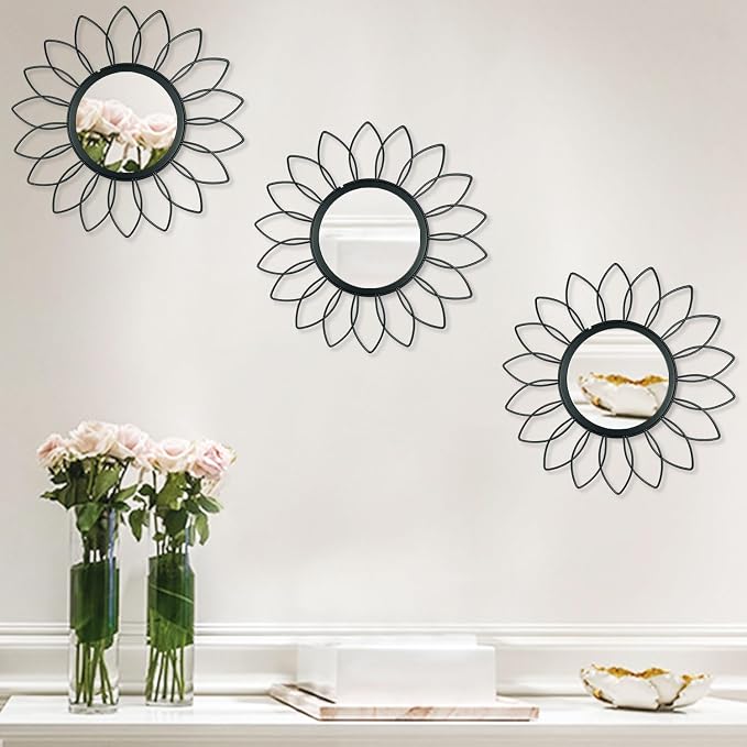 3 Pack Metal Mirrors for Wall Sunburst Wall Mirrors Home Décor Decorative Hanging Wall Art for Living Room Bedroom Entryway (Black, Flowers) - Image 5