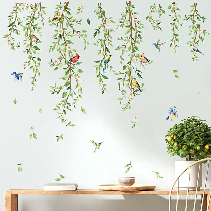 decalmile Green Vine Plants Leaves Birds Sofa TV Wall Decals Stickers - Image 3