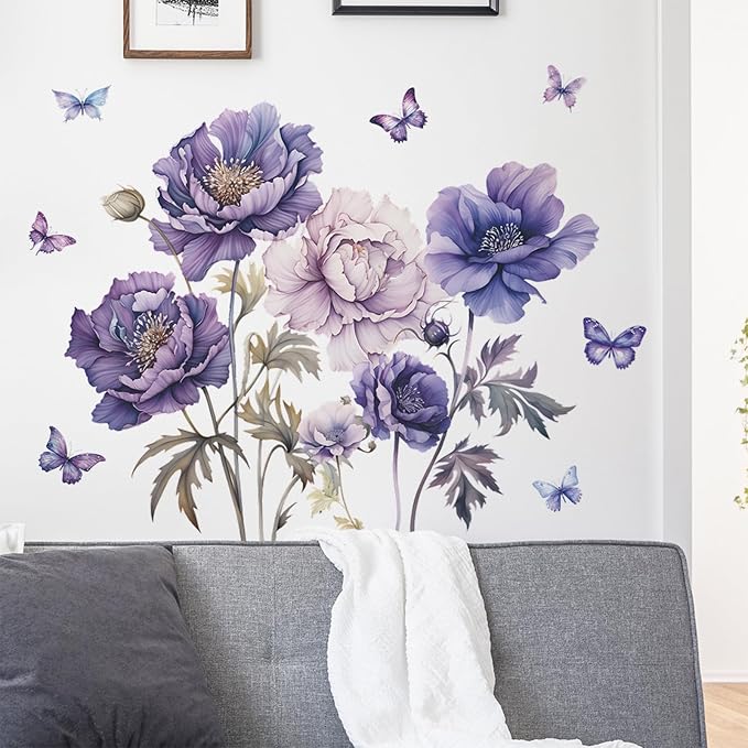 TUOKING Purple Flowers Wall Stickers Removable Butterfly Wall Murals | Peel and Stick Vinyl Wall Art Decal Home Decor for Kitchen,Bedroom,Living Room(fun-c16) - Image 3