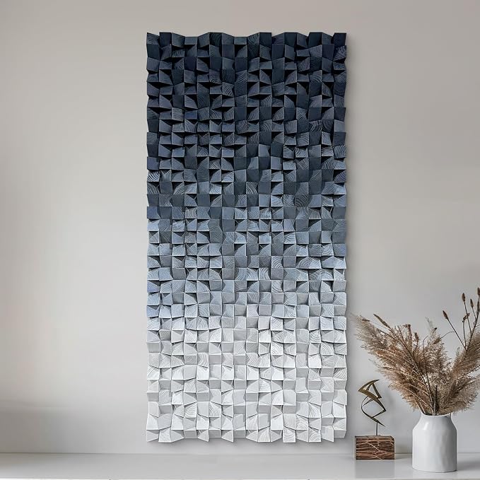 LIUZEYUE Large Monochrome Wood Wall Art Featuring Stepped Mosaic Depth | textured abstract wall art; monochrome slate, tonal gradient finish; gallery-style hallway focal art; 35.4 x 70.9 in - Image 9