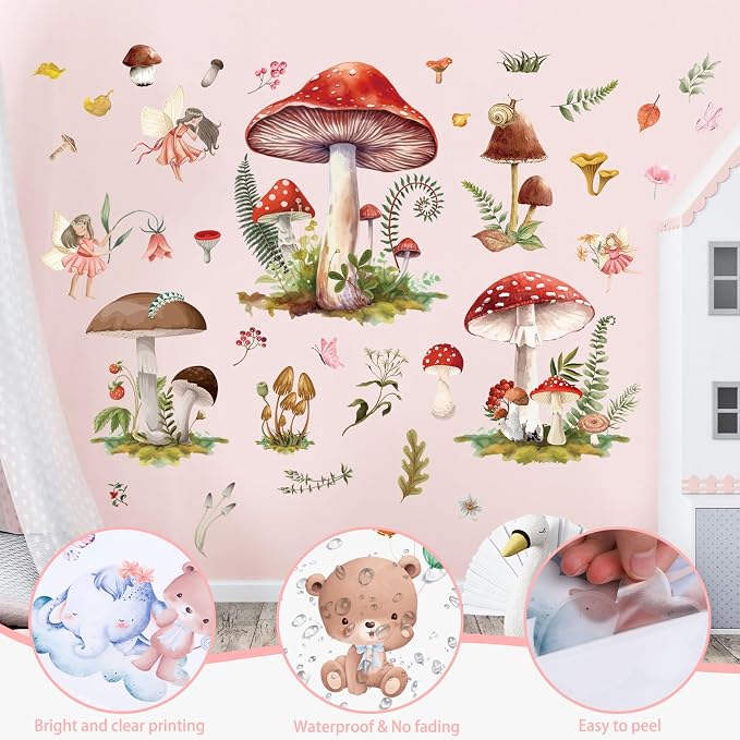 Wxiben Fairy Wall Stickers Decor, Mushroom Wall Decals Room Decor | Removable, Floral Wall Murals, Peel and Stick, for Bedroom Nursery Playroom Living Room Wall Decor - Image 3
