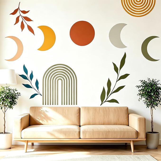 Boho Mid-Century Sun and Moon Wall Decals Peel and Stick, Large Arch Vinyl Wall Stickers, Removable Leaves Home Decor Art for Bedroom Living Room Classroom Office by VePret