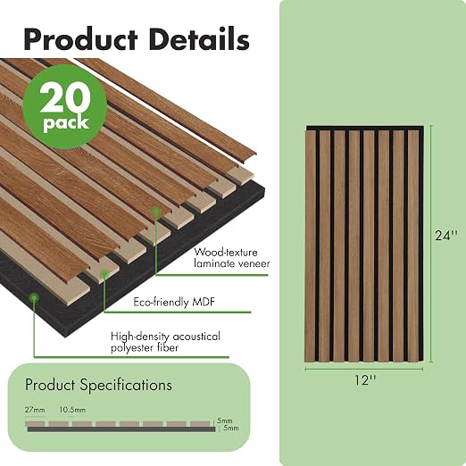 Art3d 20-Pack 12" x 24" Soundproof Wood Slat Panels, 40 sq.ft Acoustic Wall Panels, 3D Wall Panels with Wood Slat Design, Decorative Wood Wall Panel for Accent Walls-Deep Walnut - Image 3
