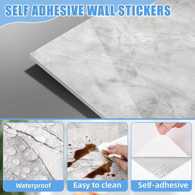 Nuanchu 72 Pcs Peel and Stick Shower Waterproof Tiles Wall Panels 12 x 12 Inch Self Adhesive Backsplash with Ruler Knife & 2 Scrapers for Washroom Bathroom Living Room, Not Real Tile (Grey Marble) - Image 3