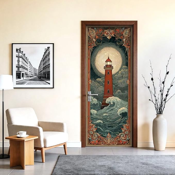 Lighthouse Door Mural, Vintage Stormy Ocean Door Cover | Waterproof PVC, 30.3" W x 78.7" L; vintage lighthouse scene for bedroom, entryway, office or closet doors. - Image 2