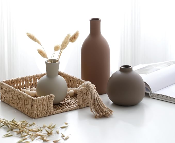 Ceramic Vase Set of 3, Vases Home Decor Rustic Farmhouse Decorative Vase Pottery Vases for Bouquet Pampas Grass Dried Fresh Flowers, Table Living Room Kitchen Bedroom Bathroom - Brown - Image 6