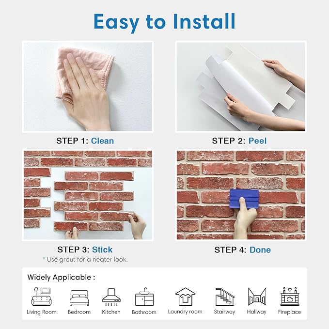 COMSTICKC 3D Faux Brick Wall Panels Peel and Stick, 10 Pcs 15.7" x 11.8" | Vintage Red, Not Real Brick, Ultra-Light PVC 3D Fake Brick Decorative Wall Covering for DIY Interior Decor, Cover 12.9 sq ft - Image 8