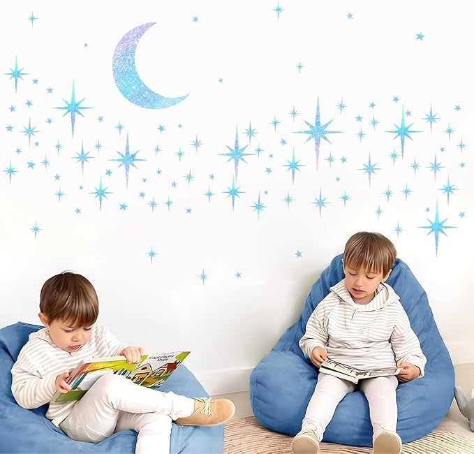 Retro Star Moon Wall Decals Sparkle Art Stickers Mid Century Modern Decor | Blue star and moon decor, peel and stick, removable vinyl art murals wallpaper, for ceiling baby boy girl bedroom living room - Image 3