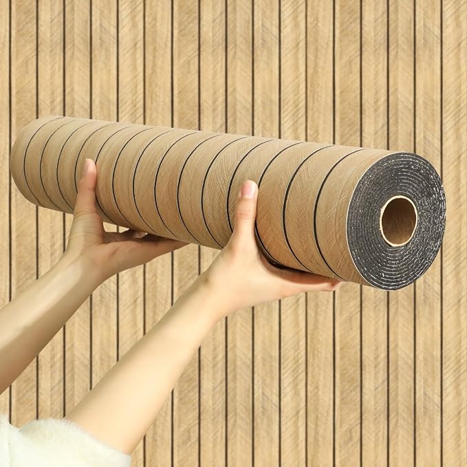 Chejiaye Peel and Stick 3D Wall Panel -15.75"x118"Soundproof Self-Adhesive Wall Sticker, Removable Thick PVC Slat Contact Paper for Kitchen Bedroom,Ceiling Wall Decoration Wood Grain (Dark Brown) by Chejiaye