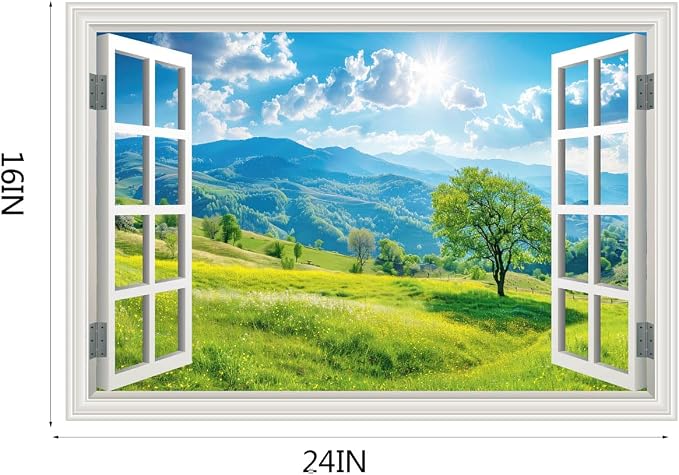 Fake Window Wall Sticker Summer Mountain Grassland Green Forest Tree Faux Window Poster Decal Picture Open Wall Art Decor, Stick and Peel Landscape Natural Scenery Sunshine Scene Mural,16"x24" - Image 2