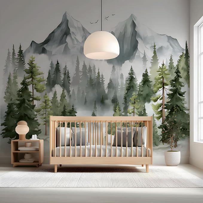 ASJ Forest Peel and Stick Wallpaper Mural, Watercolor Misty Mountain Blue | Seamless edge-to-edge match. Pine tree birds nature artwork, 157x98 in, premium fabric, bedroom living room. - Image 4