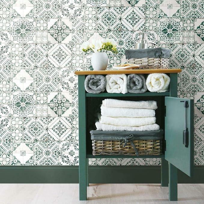 RoomMates RMK11281WP Forest Green Mediterranean Tile Peel and Stick Wallpaper - Image 3