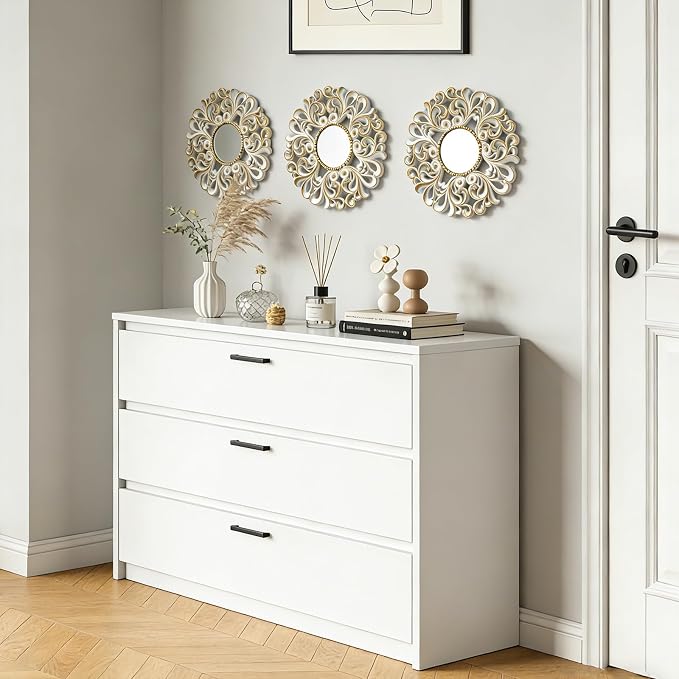 DXYAKY 3 Pack Floral Ornate Decorative Wall Mirror - Elegant White with Gold Accents, 9.8" Plastic Round Mirror Set, Lightweight Wall Art Décor for Bedroom, Bathroom, Living Room & Entryway - Image 6