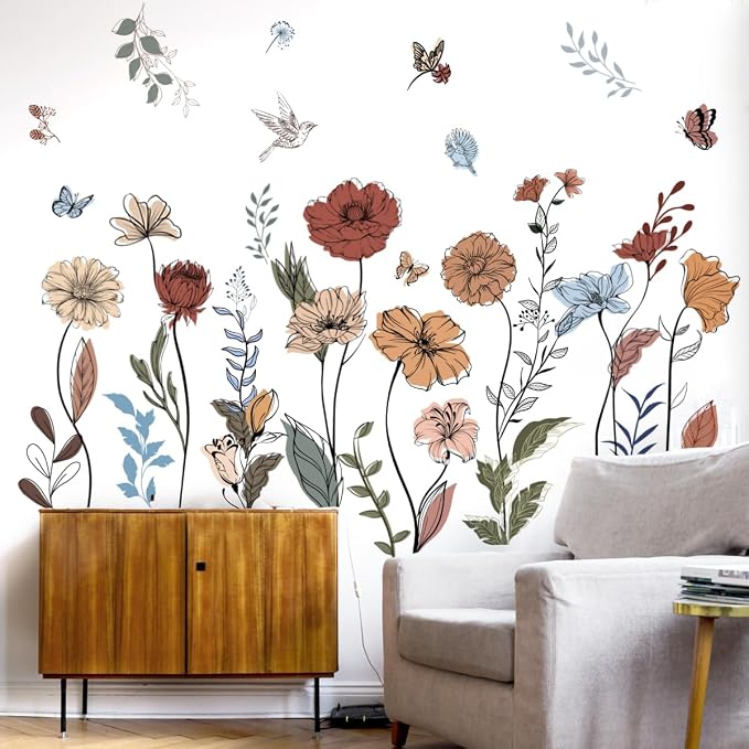 Boho Wildflower Wall Stickers Peel and Stick Floral Wall Decals for Girls Bedroom Living Room Nursery & TV Wall Decor - Image 2