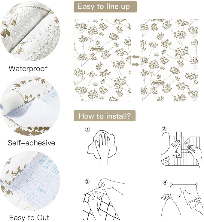 Hopepak 17.3"×197" Peel and Stick Wallpaper Floral Beige Contact Paper for Bathroom Leaf Removable Self Adhesive Wall Paper for Bedroom Modern Wallpaper for Walls Living Room Vinyl - Image 3