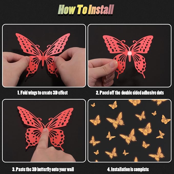 SAOROPEB Glow in The Dark 3D Butterfly 24 Pcs Orange Butterfly Stickers | 3 Sizes, Luminous Butterfly Stickers for Ceiling all, Glow in The Dark Party Supplies, Stickers for Kids Babys Nursery - Image 8