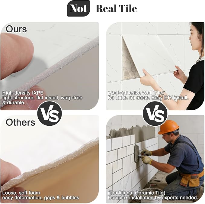 10pcs Peel and Stick Shower Tile Waterproof Off White Marble Tiles Wall Panels 11.8"X11.8" Self-Adhesive Backsplash for Home Bathroom Kitchen Showers (Not Real Tile) - Image 6