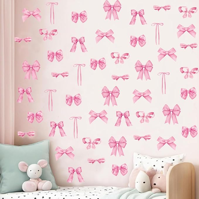Arawat 8Sheets/56 Pcs Pink Coquette Bow Room Decor for Bathroom Women Bedroom Aesthetic Room Decor Bow wall Decoration for Bedroom Pink Bows wall Stickers Decals Peel and Stick - Image 4